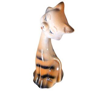 Cat Figurine Vtg Ceramic MCM Hand-Painted Stripes Gloss orange cream tiger tabby
